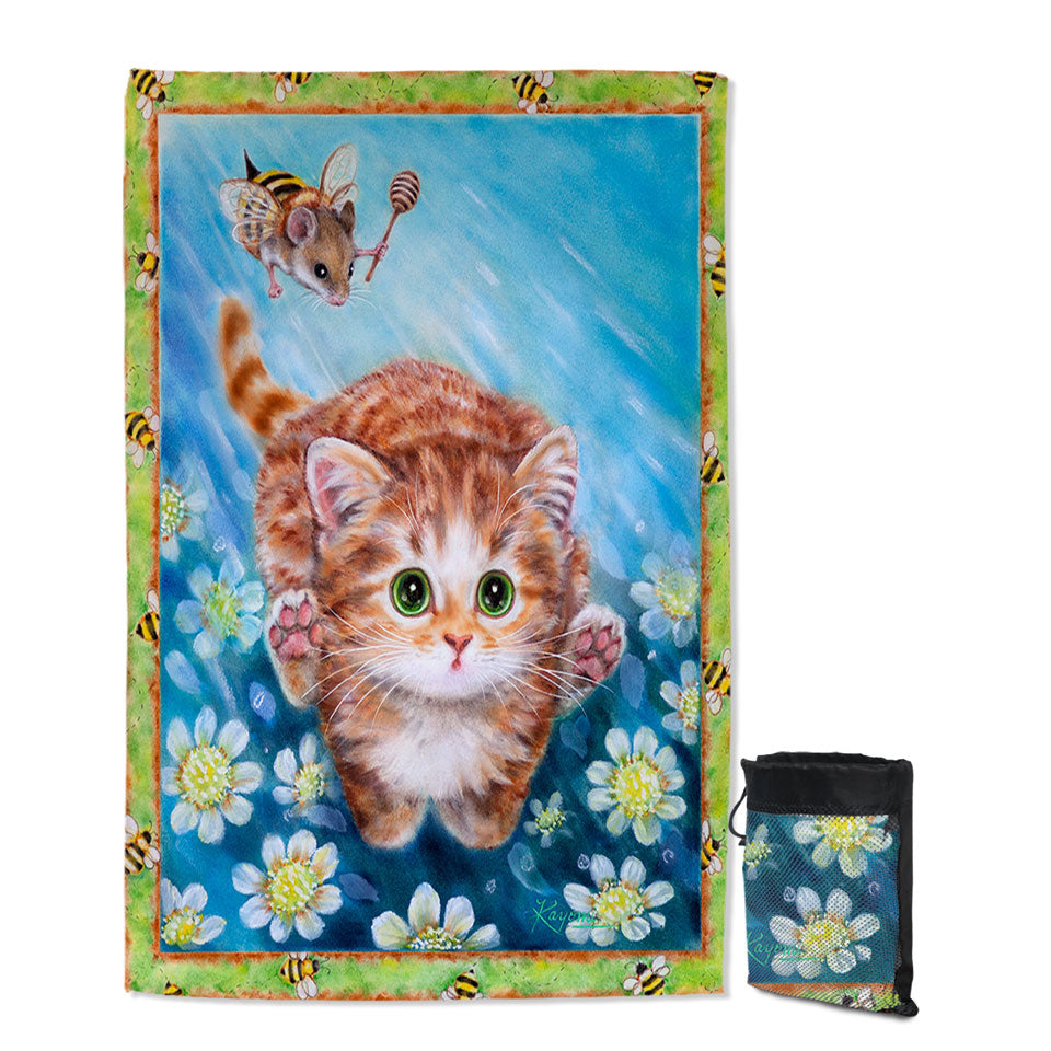 Funny Art Designs for Children Kitten vs Bee Mouse Lightweight Beach Towel