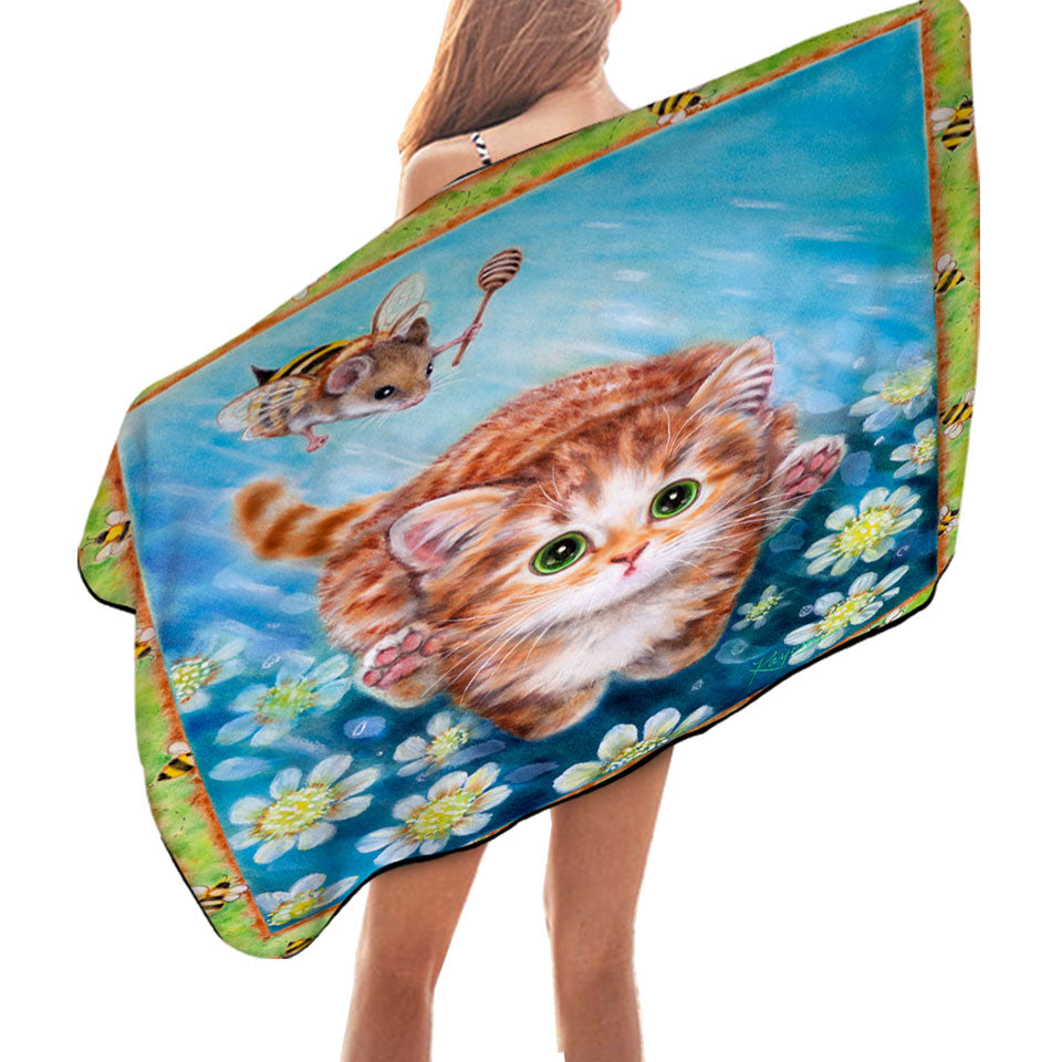 Funny Art Designs for Children Kitten vs Bee Mouse Microfiber Beach Towel