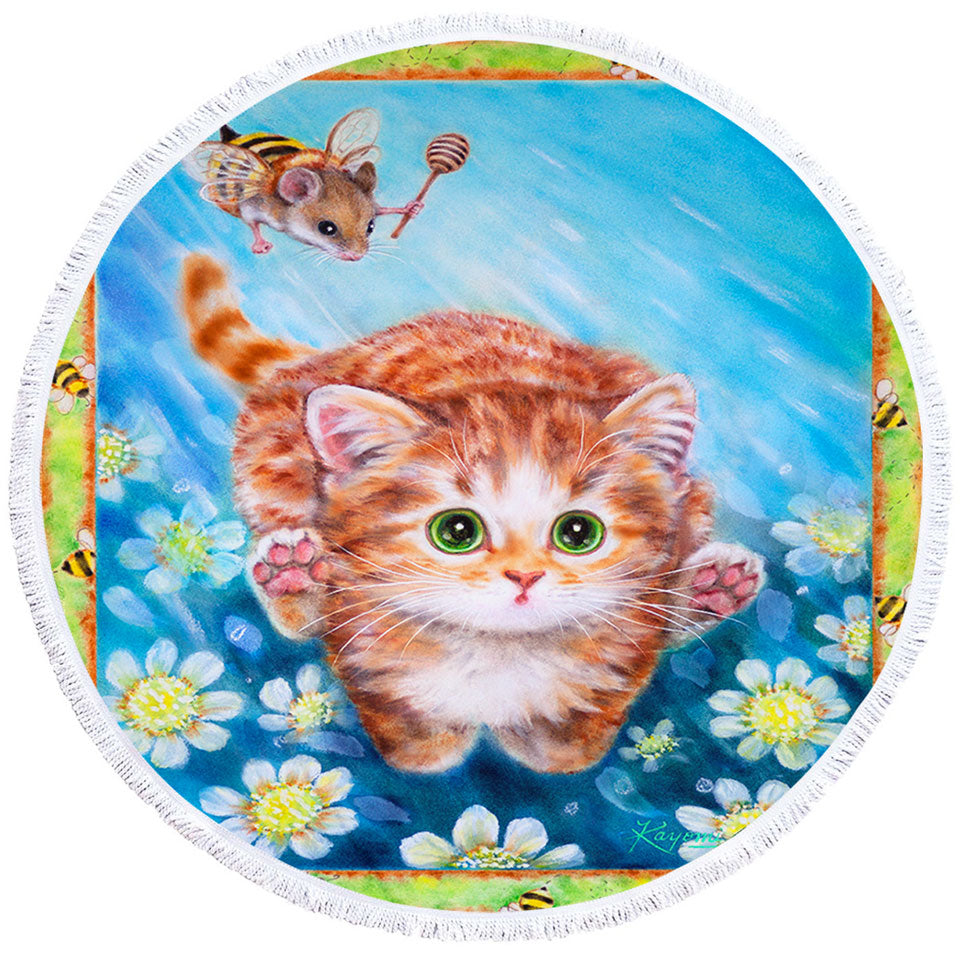 Funny Art Designs for Children Kitten vs Bee Mouse Round Beach Towel