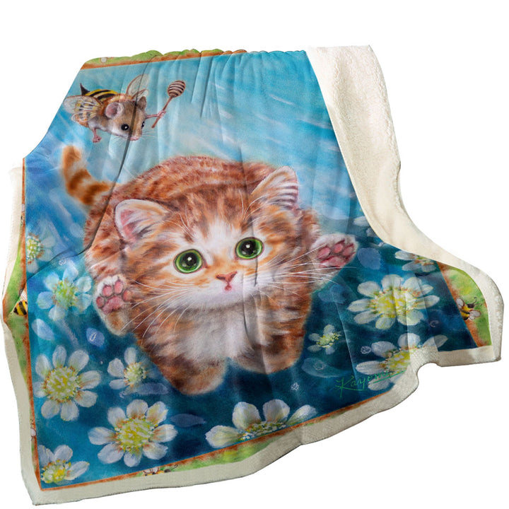 Funny Art Designs for Children Kitten vs Bee Mouse Sherpa Blanket