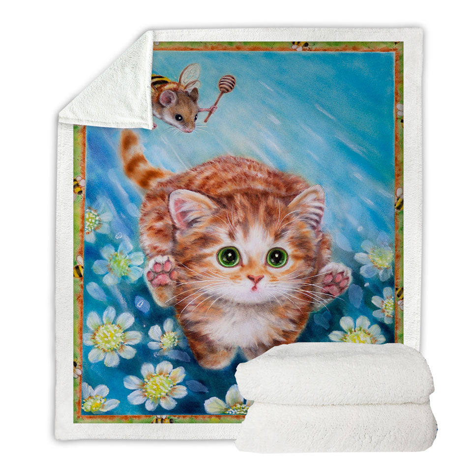 Funny Art Designs for Children Kitten vs Bee Mouse Throw Blanket