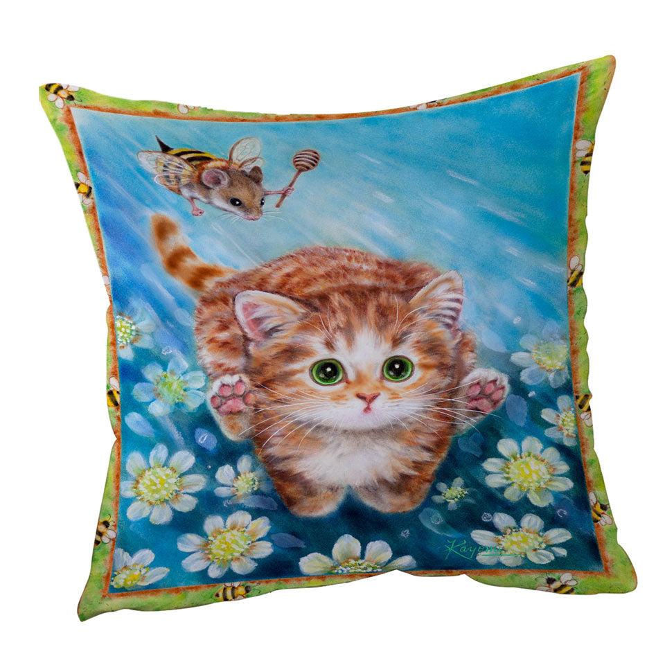 Funny Art Designs for Children Kitten vs Bee Mouse Throw Pillow