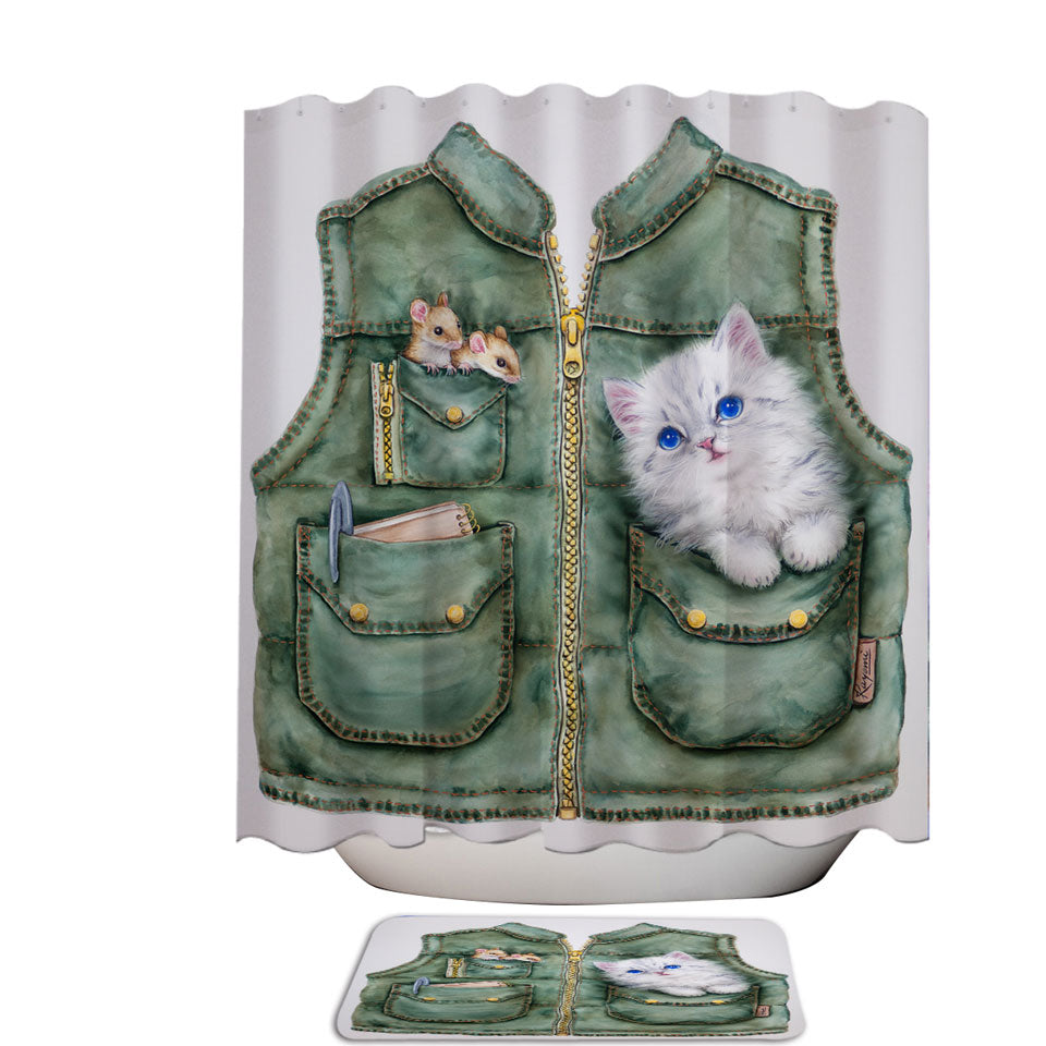 Funny Bathroom Shower Curtains Cute Animals Best Friends Mice and Kitten