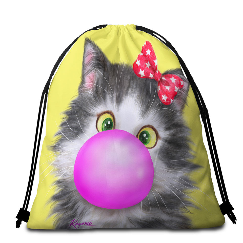 Funny Beach Towel Bags Cat Prints Bubble Gum Girl Kitten