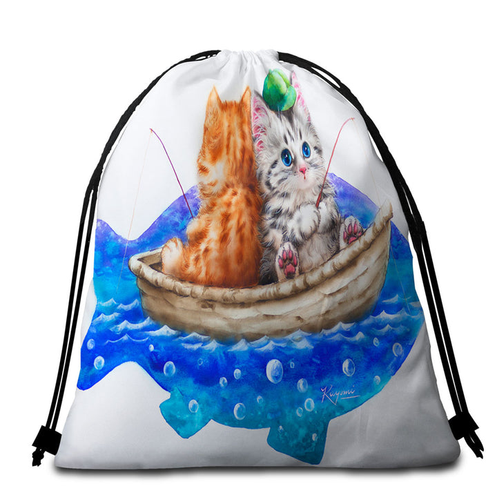 Funny Beach Towel Bags Cats Art Drawing Fishing Buddies Kittens