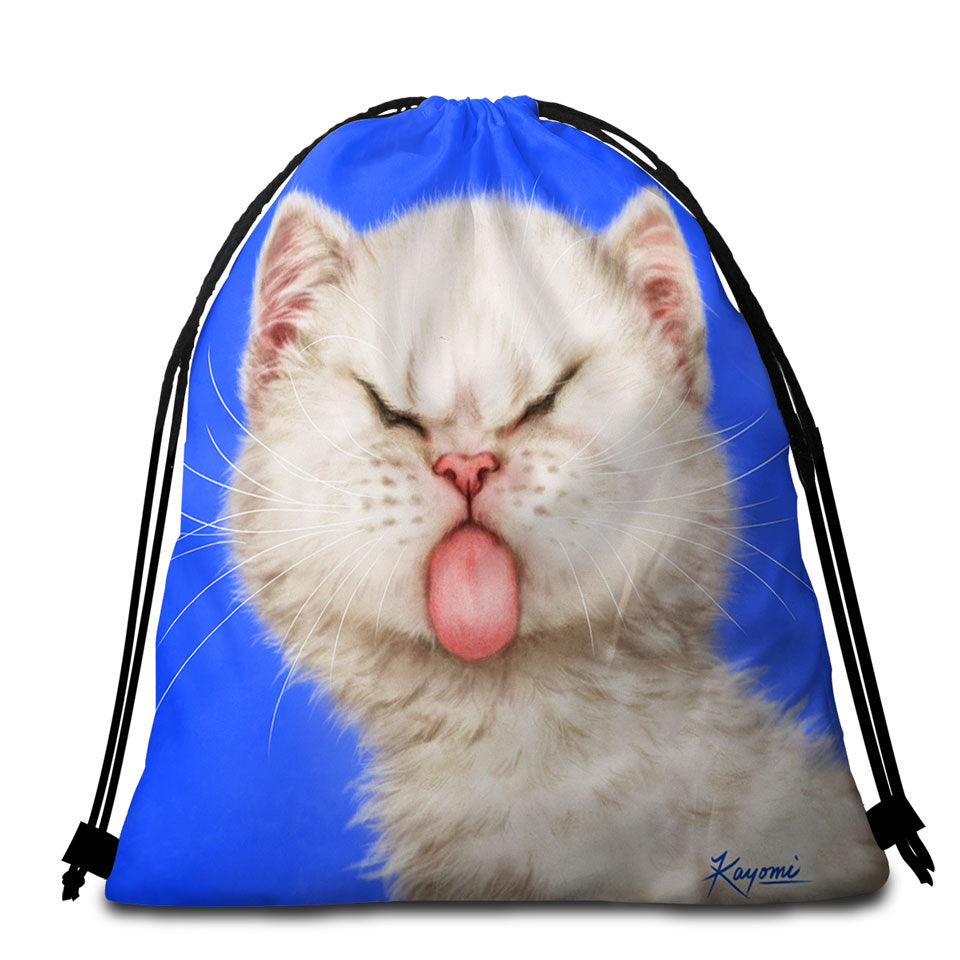 Funny Beach Towel Bags Cats Silly Face Tongue Out Kitten