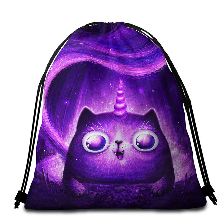Funny Beach Towel Bags Crazy Eyes Purple Unicorn Cat