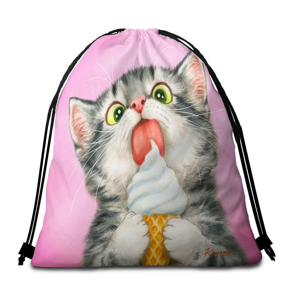 Funny Beach Towel Bags Cute Cats Art Licking Ice Cream Kitten