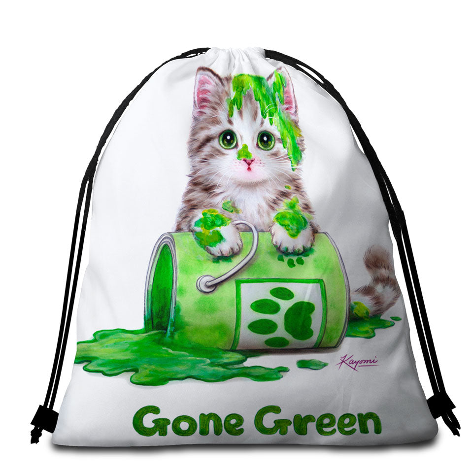 Funny Beach Towel Bags Cute Cats Gone Green Tabby Kitten