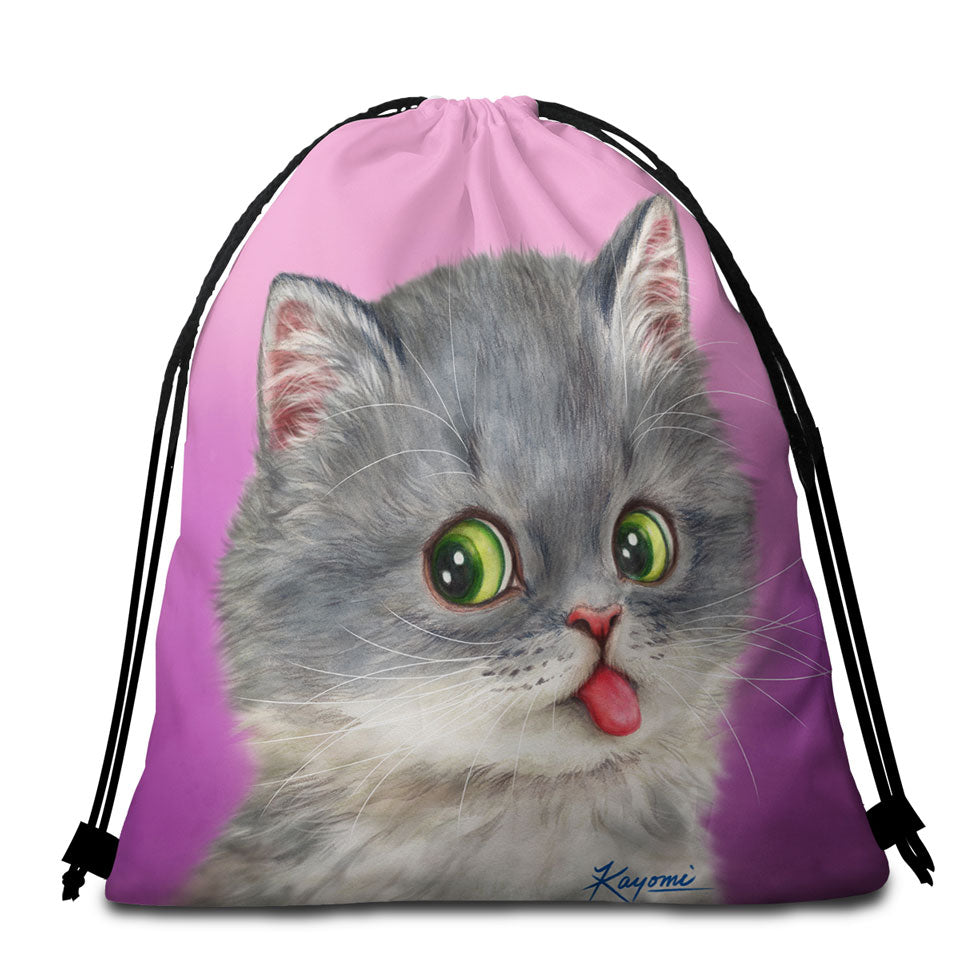 Funny Beach Towel Pack Tongue Out Funny Face Grey Kitten Cat