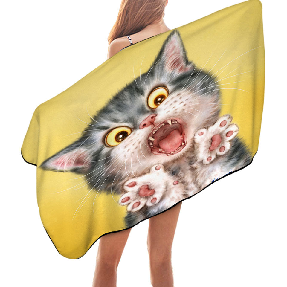 Funny Beach Towel Painted Cats Screaming Grey Kitten
