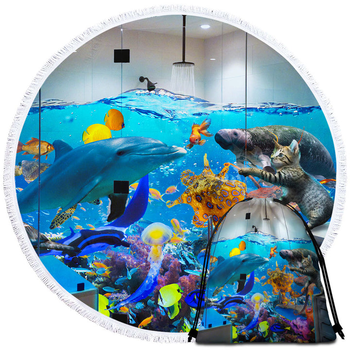 Funny Beach Towels Artwork Crazy Shower Room Marine Life and Cat