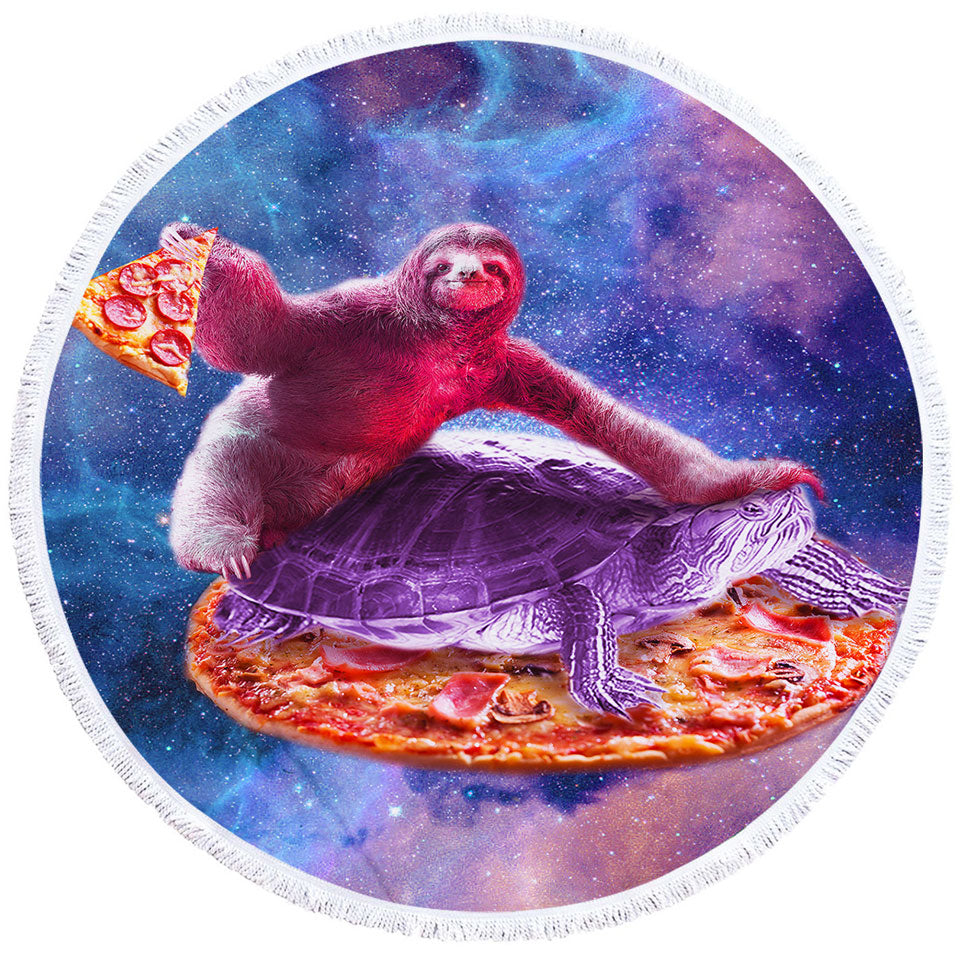 Funny Beach Towels Cool Crazy Art Space Pizza Sloth on Turtle