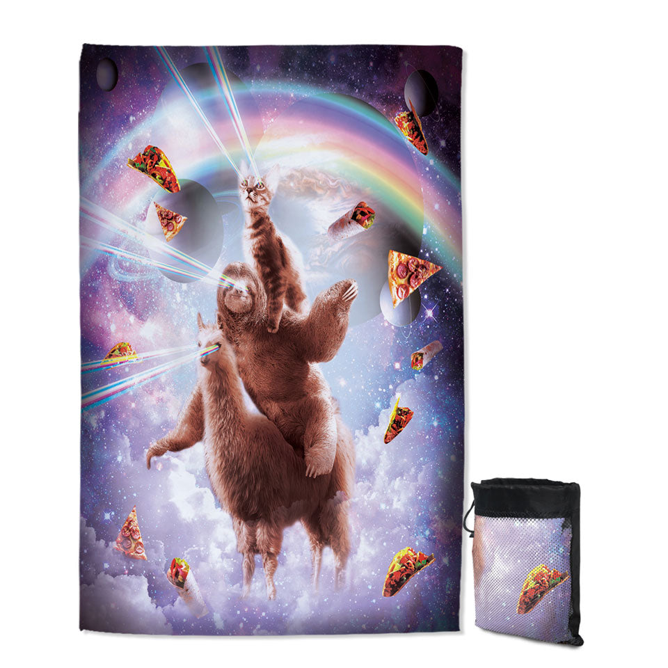 Funny Beach Towels Crazy Art Space Cat Riding a Sloth Riding a Llama