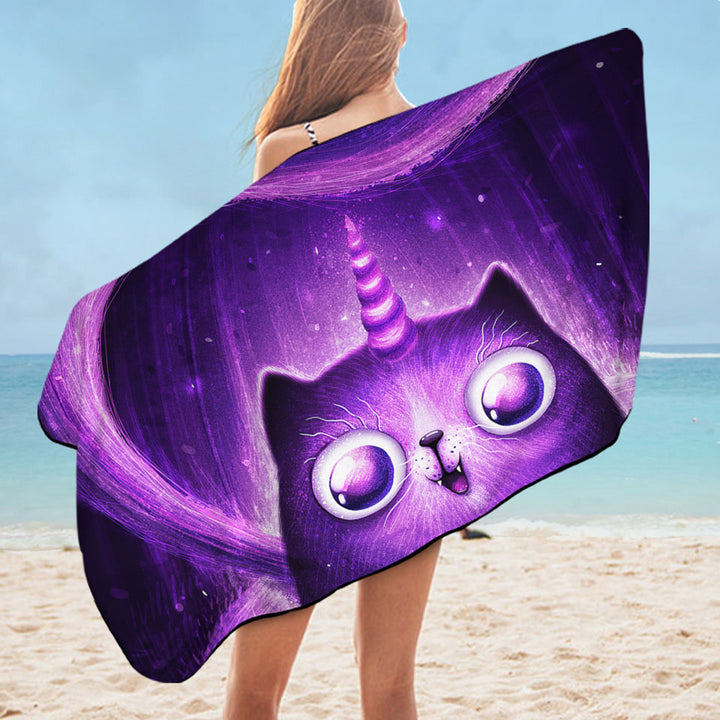 Funny Beach Towels Crazy Eyes Purple Unicorn Cat