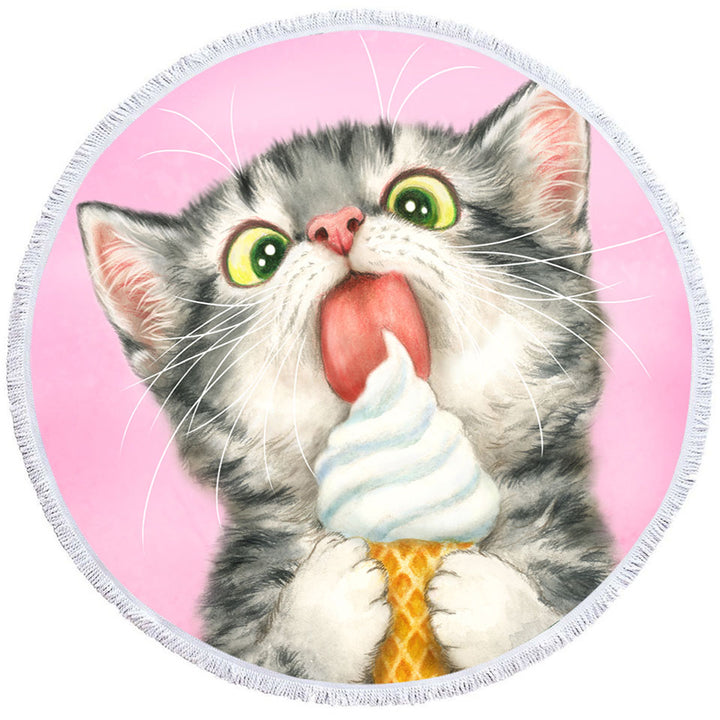 Funny Beach Towels Cute Cats Art Licking Ice Cream Kitten