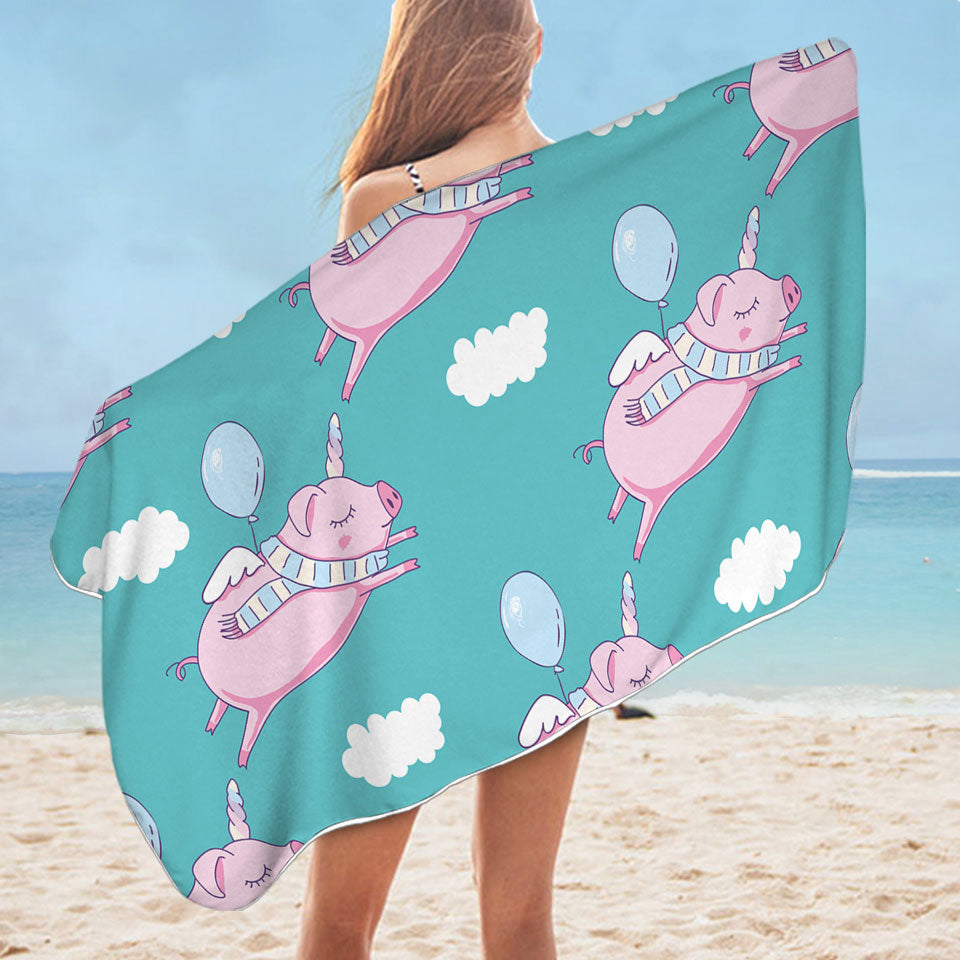 Funny Beach Towels Flying Unicorn Pigs