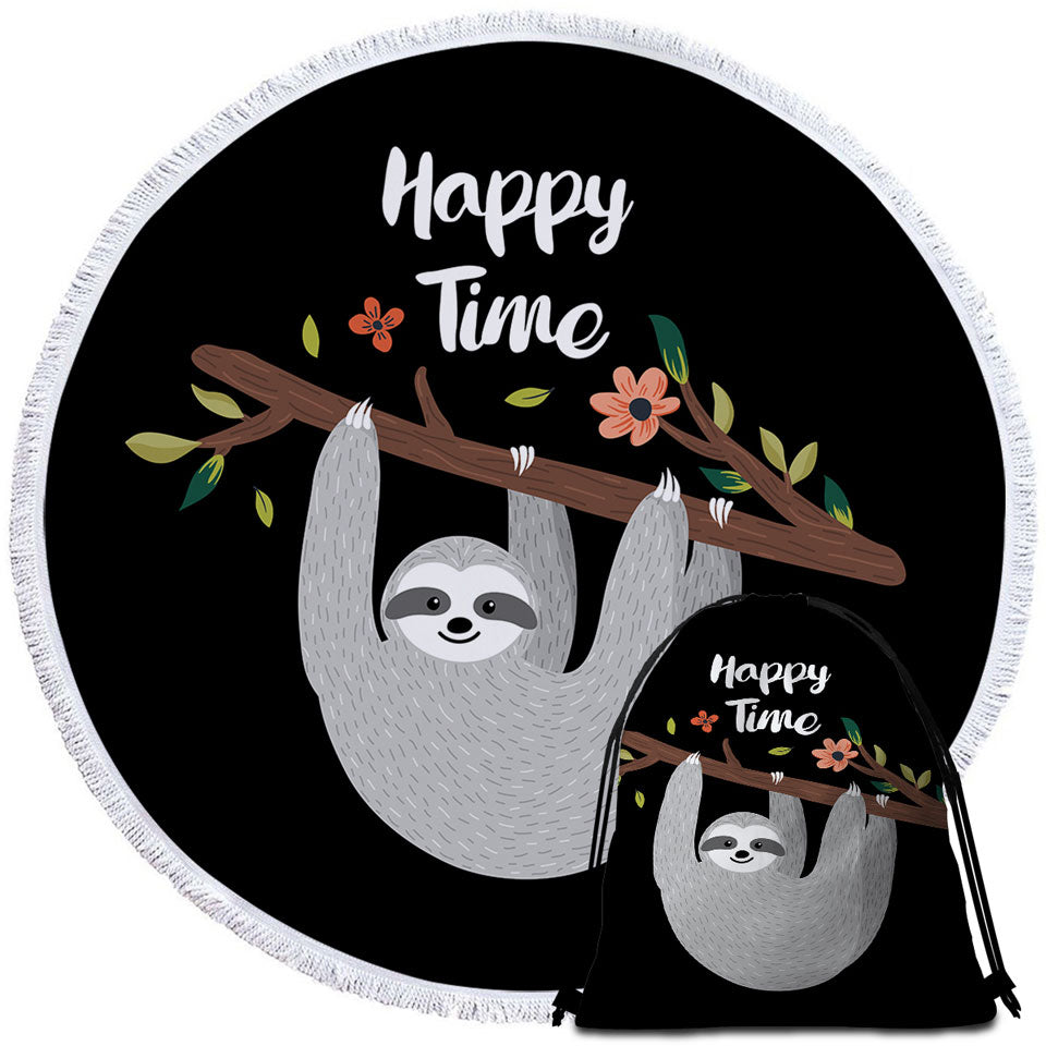Funny Beach Towels Happy Time Cute Sloth Round Beach Towel