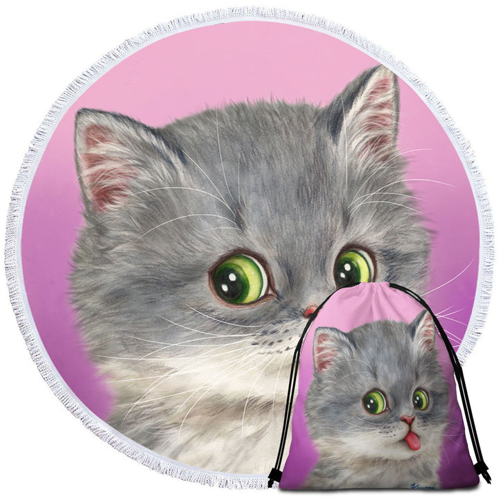Funny Beach Towels Tongue Out Funny Face Grey Kitten Cat
