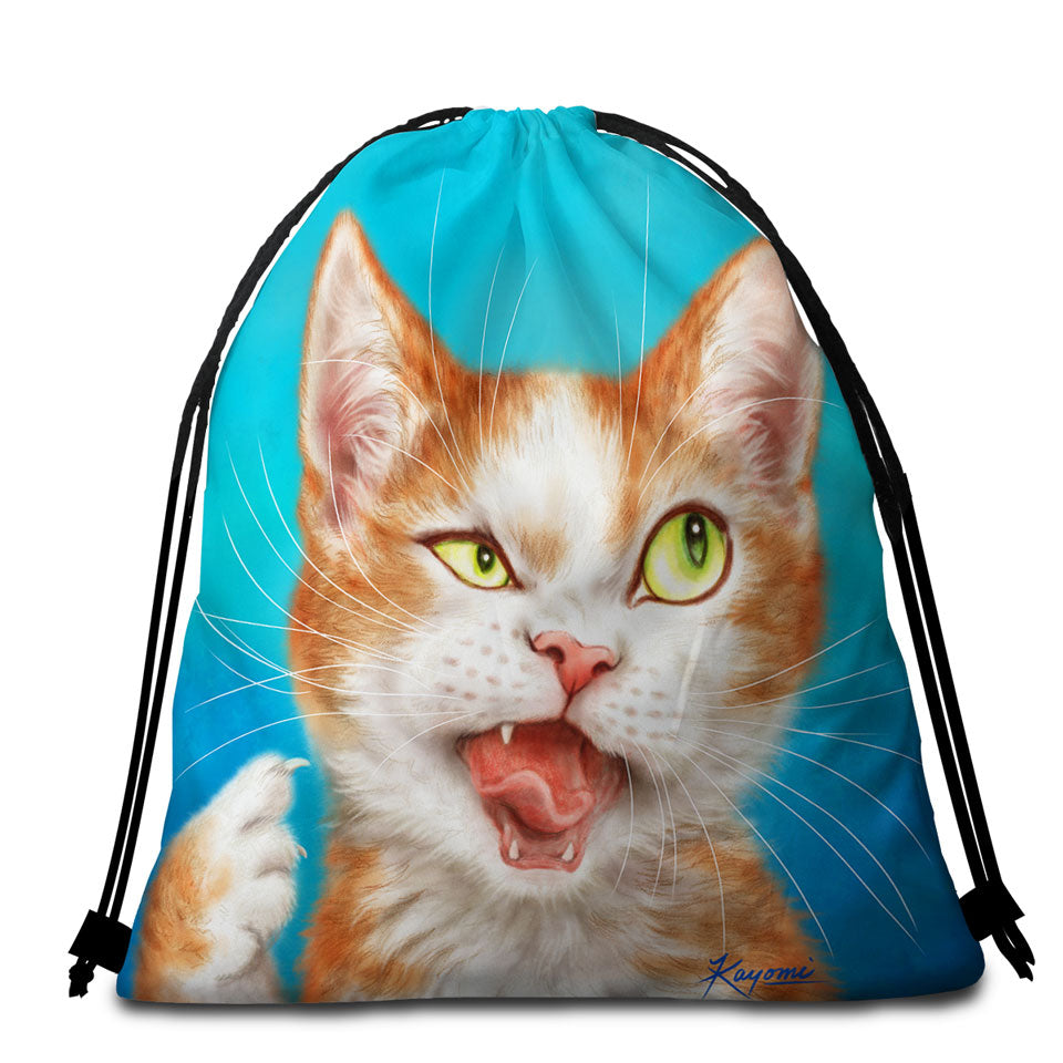 Funny Beach Towels and Bags Set Cat Drawings Cool Looking Kitty