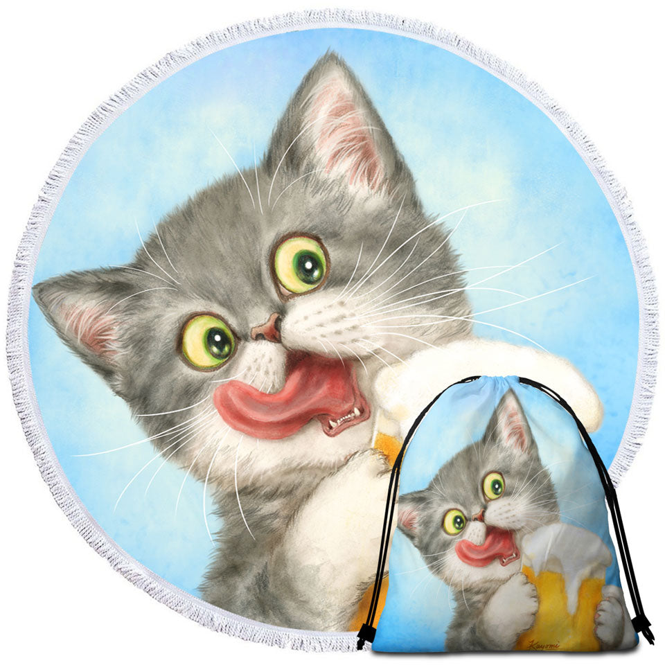Funny Beach Towels and Bags Set Cats Art Crazy for Beer Grey Kitten