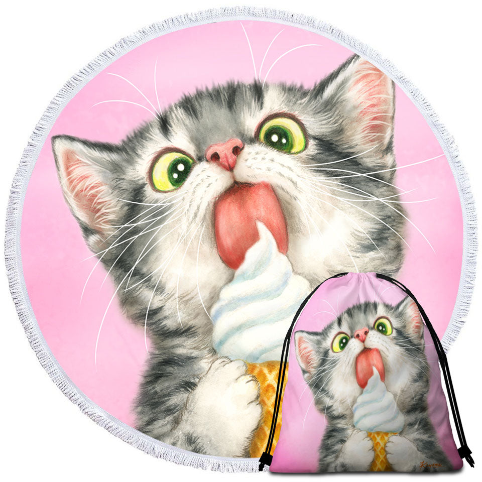 Funny Beach Towels and Bags Set Cute Cats Art Licking Ice Cream Kitten