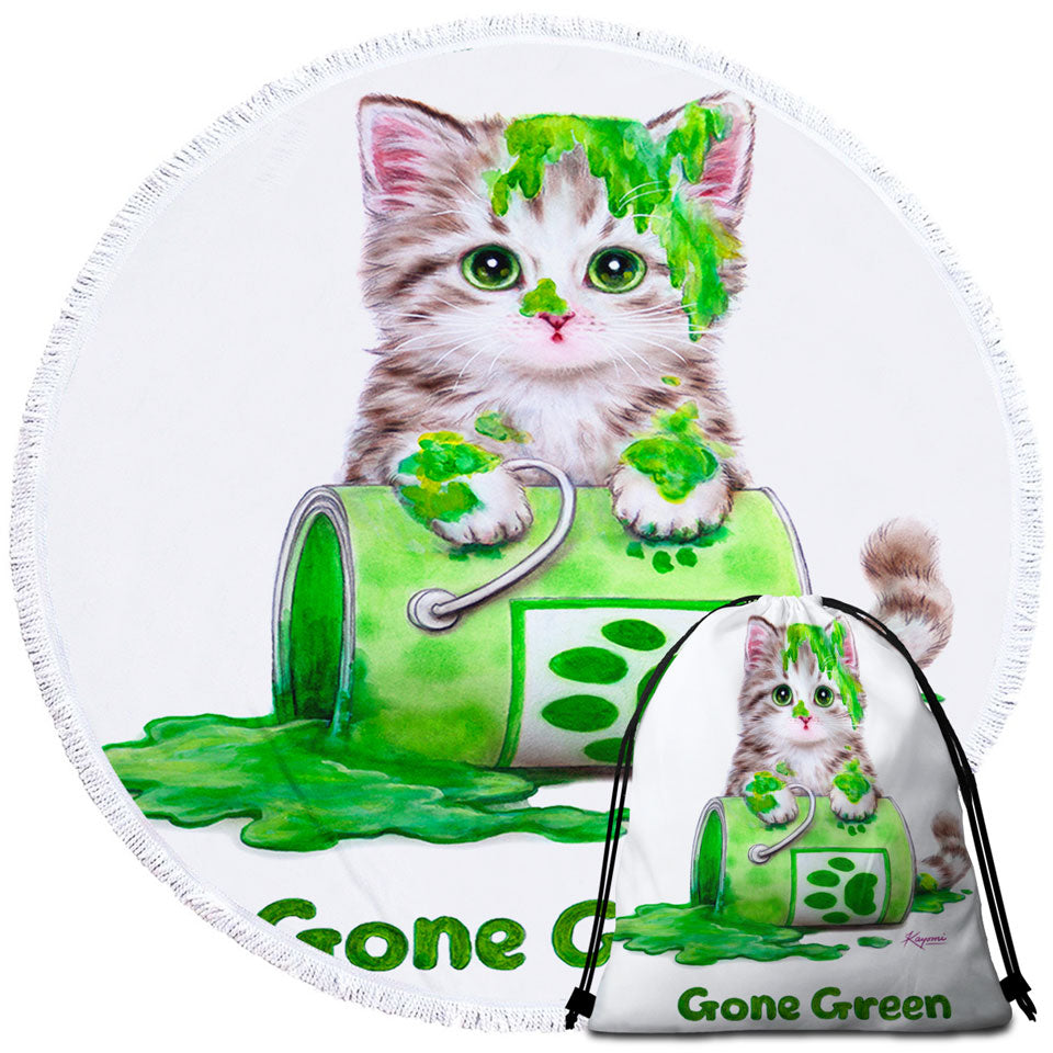 Funny Beach Towels and Bags Set Cute Cats Gone Green Tabby Kitten