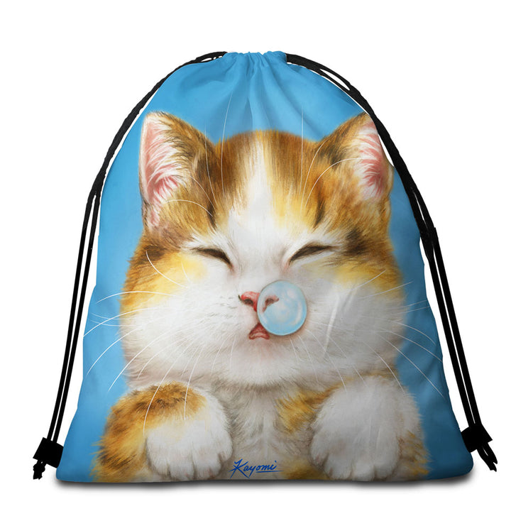 Funny Beach Towels and Bags Set Drawings for Kids Cute Sleepy Kitty Cat