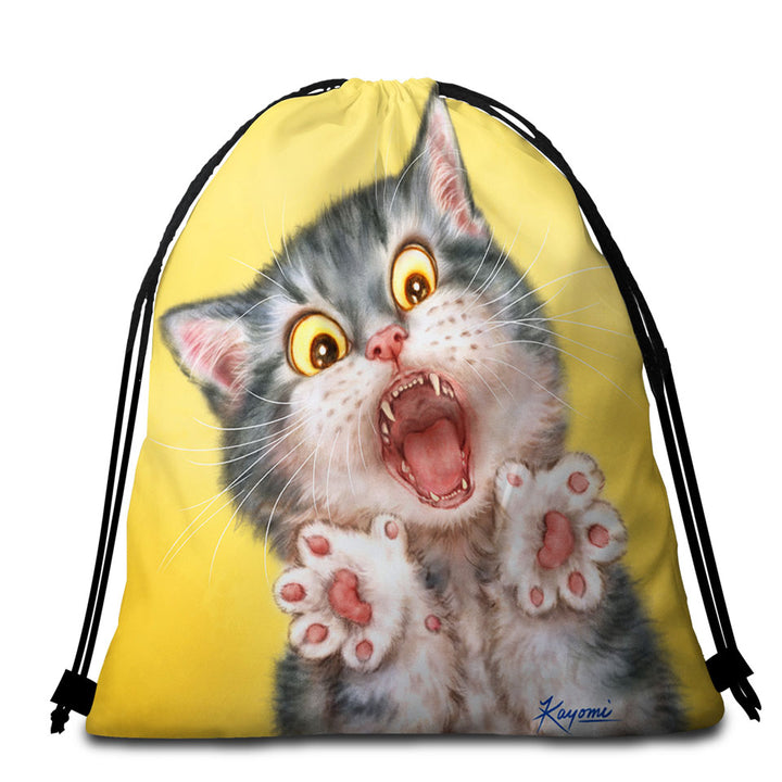 Funny Beach Towels and Bags Set Painted Cats Screaming Grey Kitten