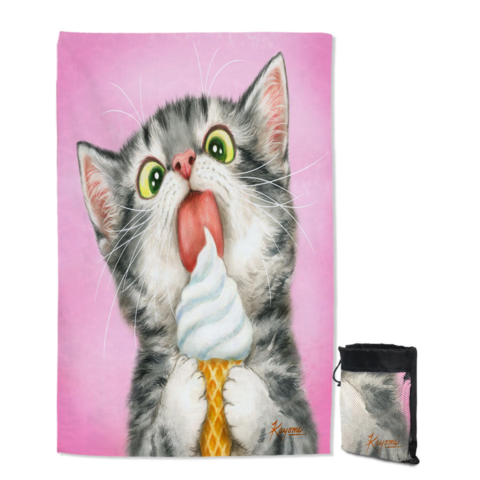 Funny Big Beach Towels Cute Cats Art Licking Ice Cream Kitten