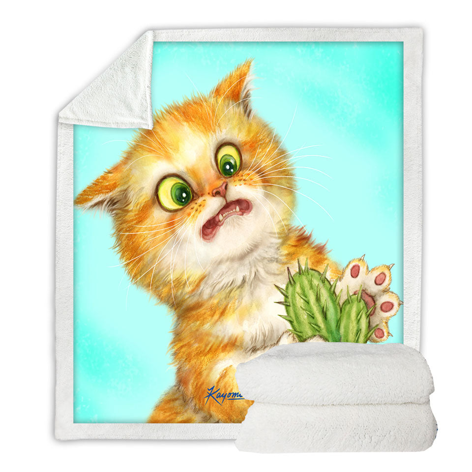 Funny Blankets Ginger Cat Playing with a Cactus