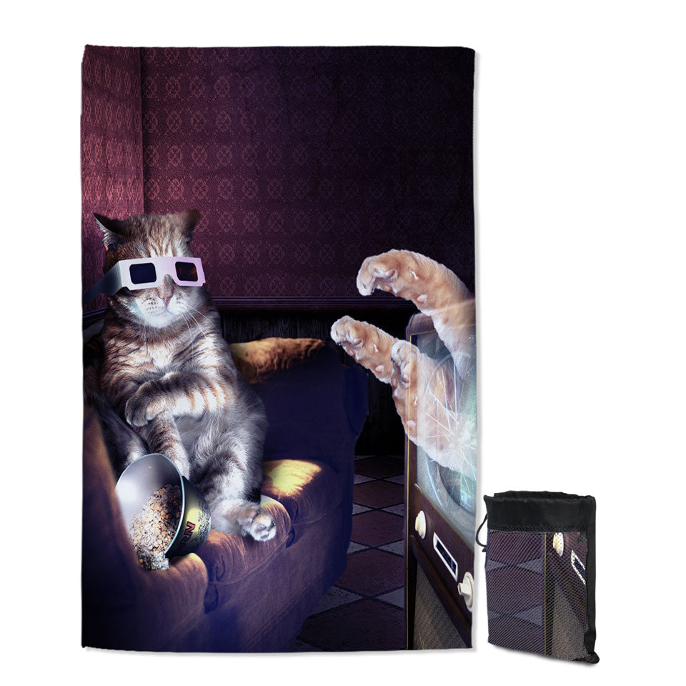 Funny Cat Beach Towels Watching a 3D Horror Movie Cool Art