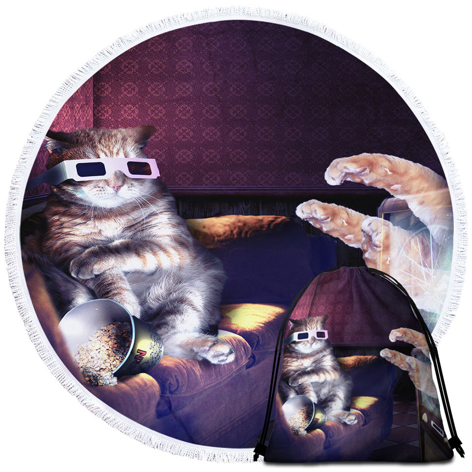 Funny Cat Circle Beach Towel Watching a 3D Horror Movie Cool Art