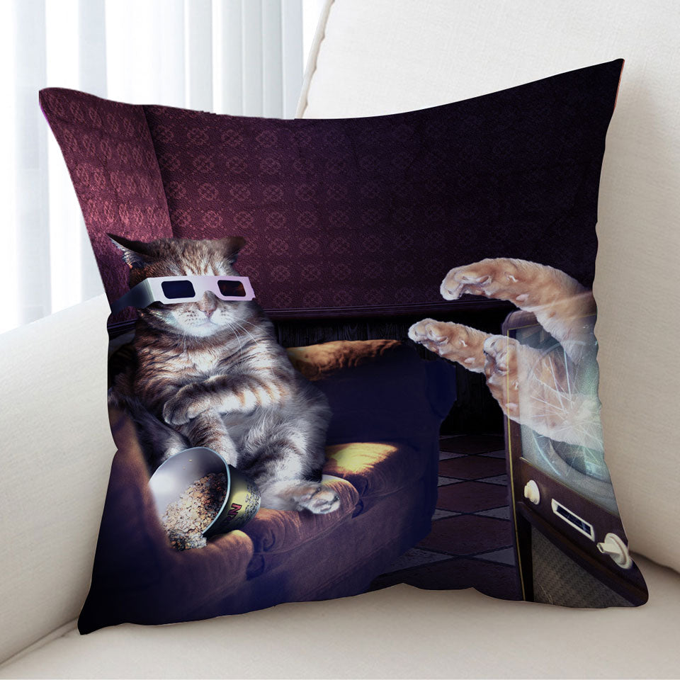 Funny Cat Cushion Covers Watching a 3D Horror Movie Cool Art