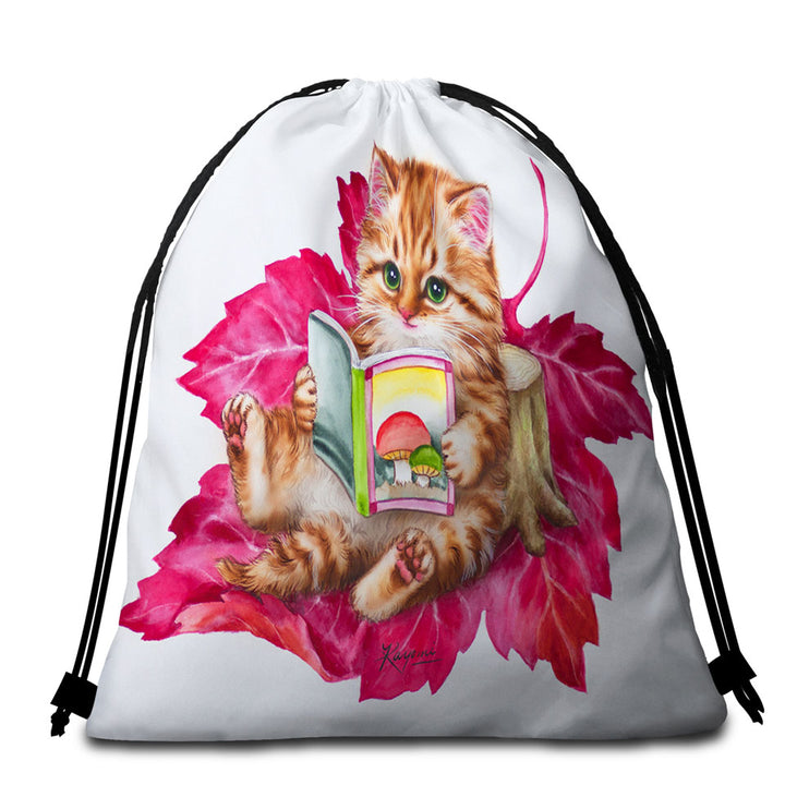 Funny Cat Ginger Kitten Reading a Book on Leaf Beach Towel Bags