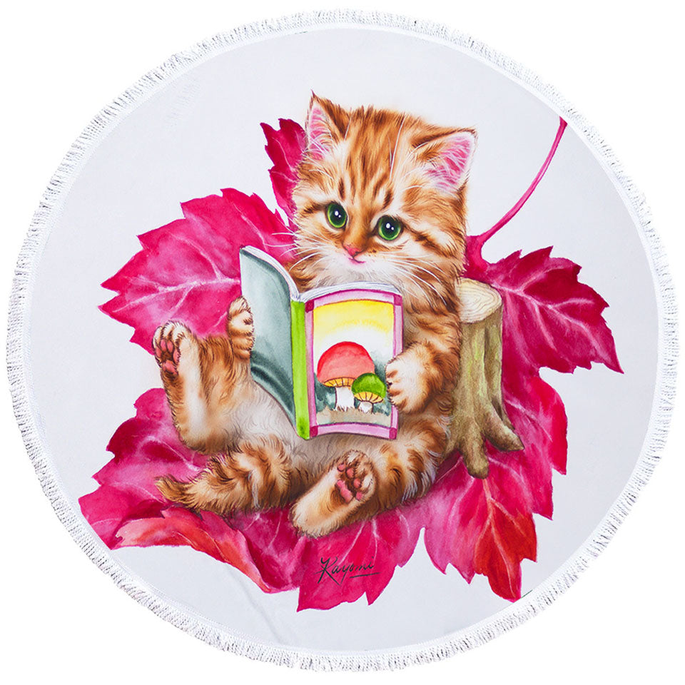Funny Cat Ginger Kitten Reading a Book on Leaf Circle Beach Towel