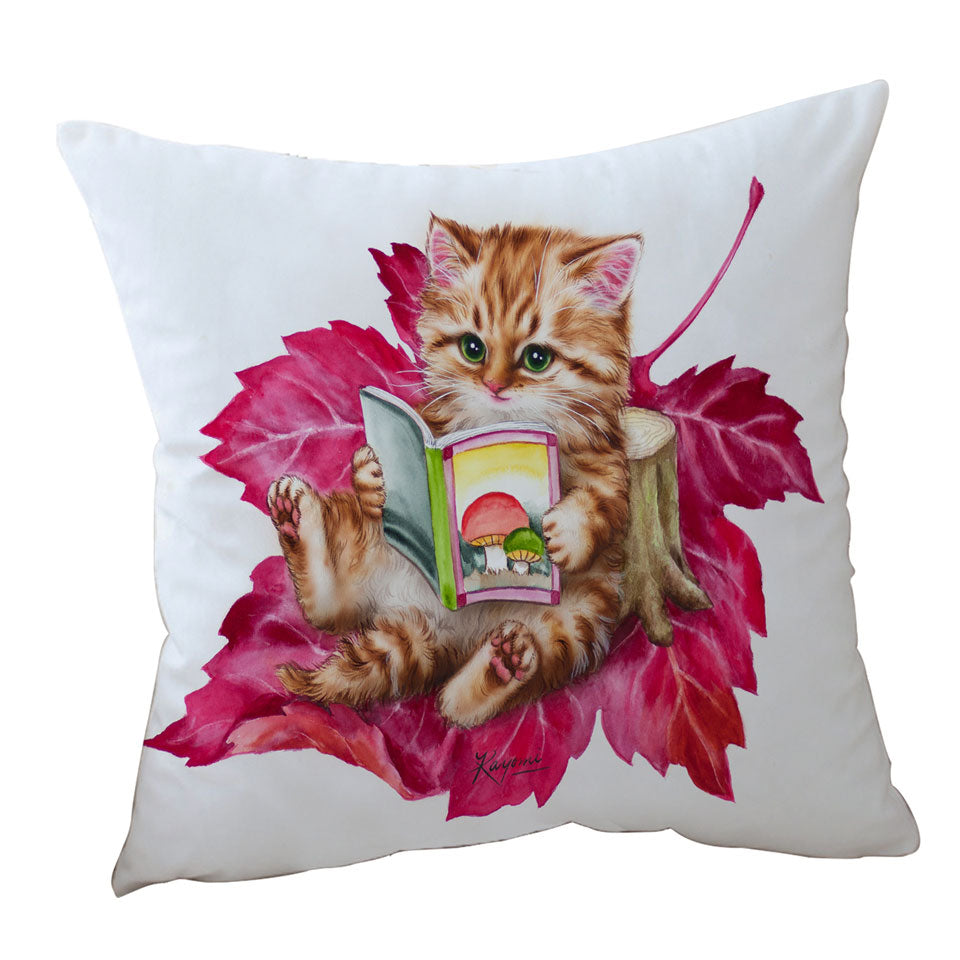 Funny Cat Ginger Kitten Reading a Book on Leaf Cushion Cover