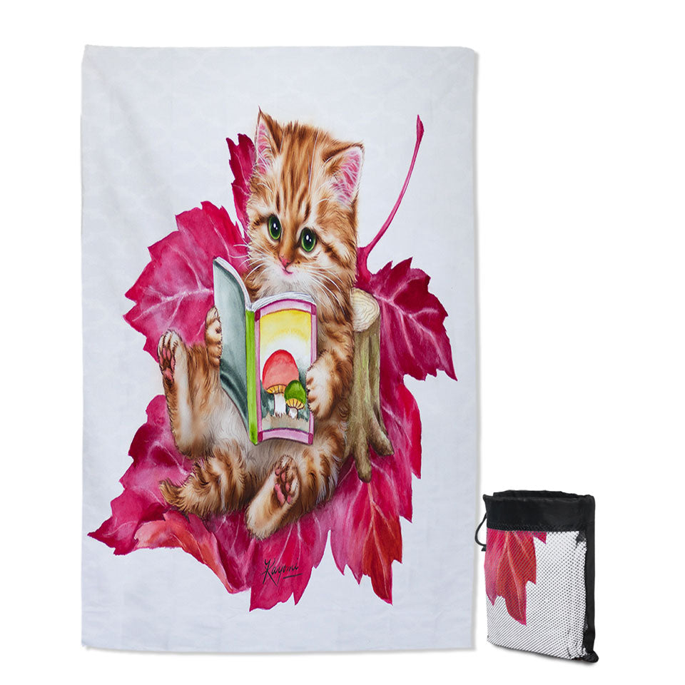 Funny Cat Ginger Kitten Reading a Book on Leaf Quick Dry Beach Towel