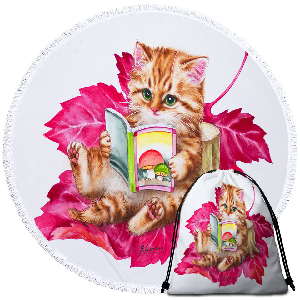 Funny Cat Ginger Kitten Reading a Book on Leaf Round Beach Towel