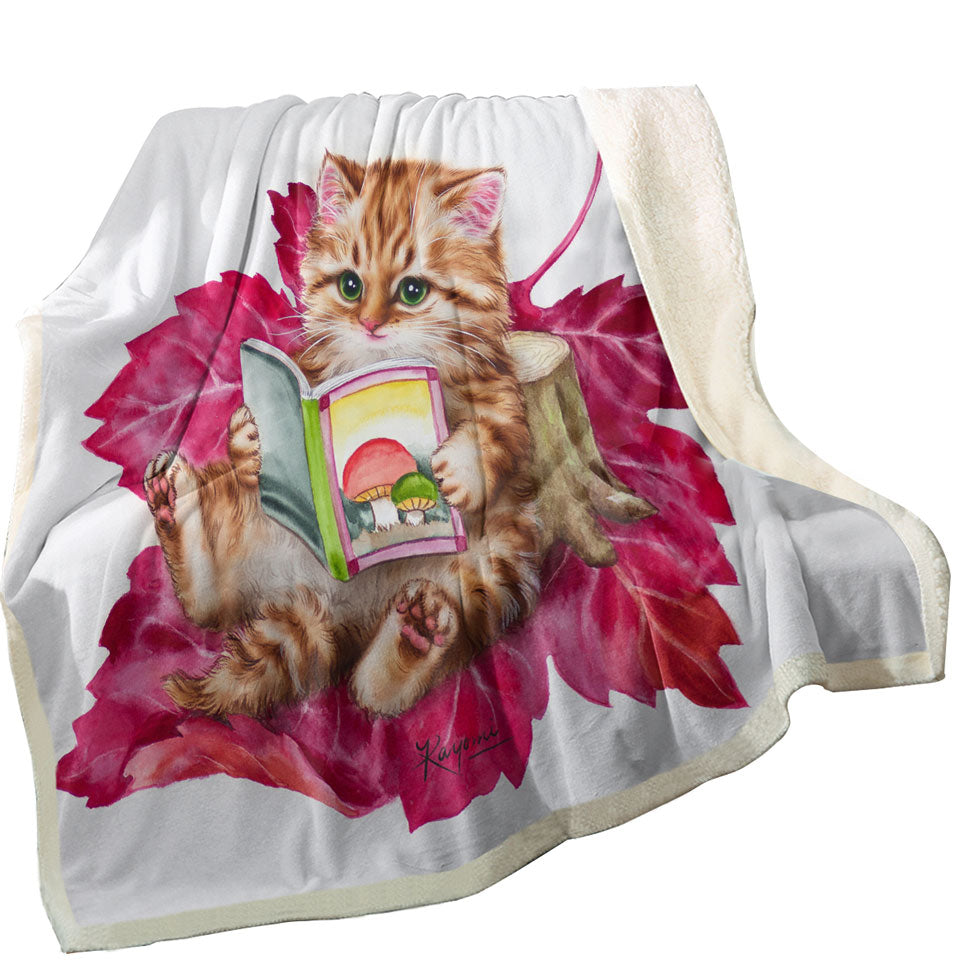 Funny Cat Ginger Kitten Reading a Book on Leaf Sherpa Blanket
