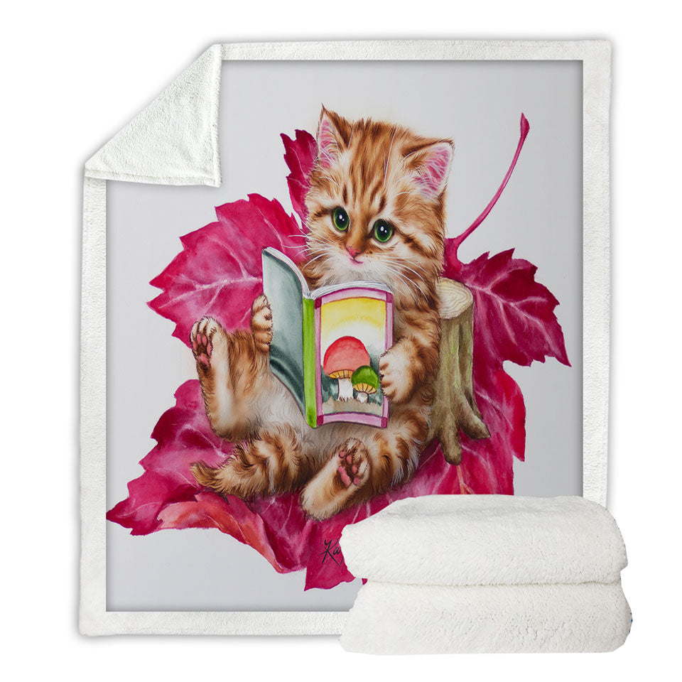 Funny Cat Ginger Kitten Reading a Book on Leaf Throw Blanket