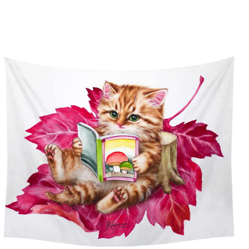 Funny Cat Ginger Kitten Reading a Book on Leaf Wall Decor