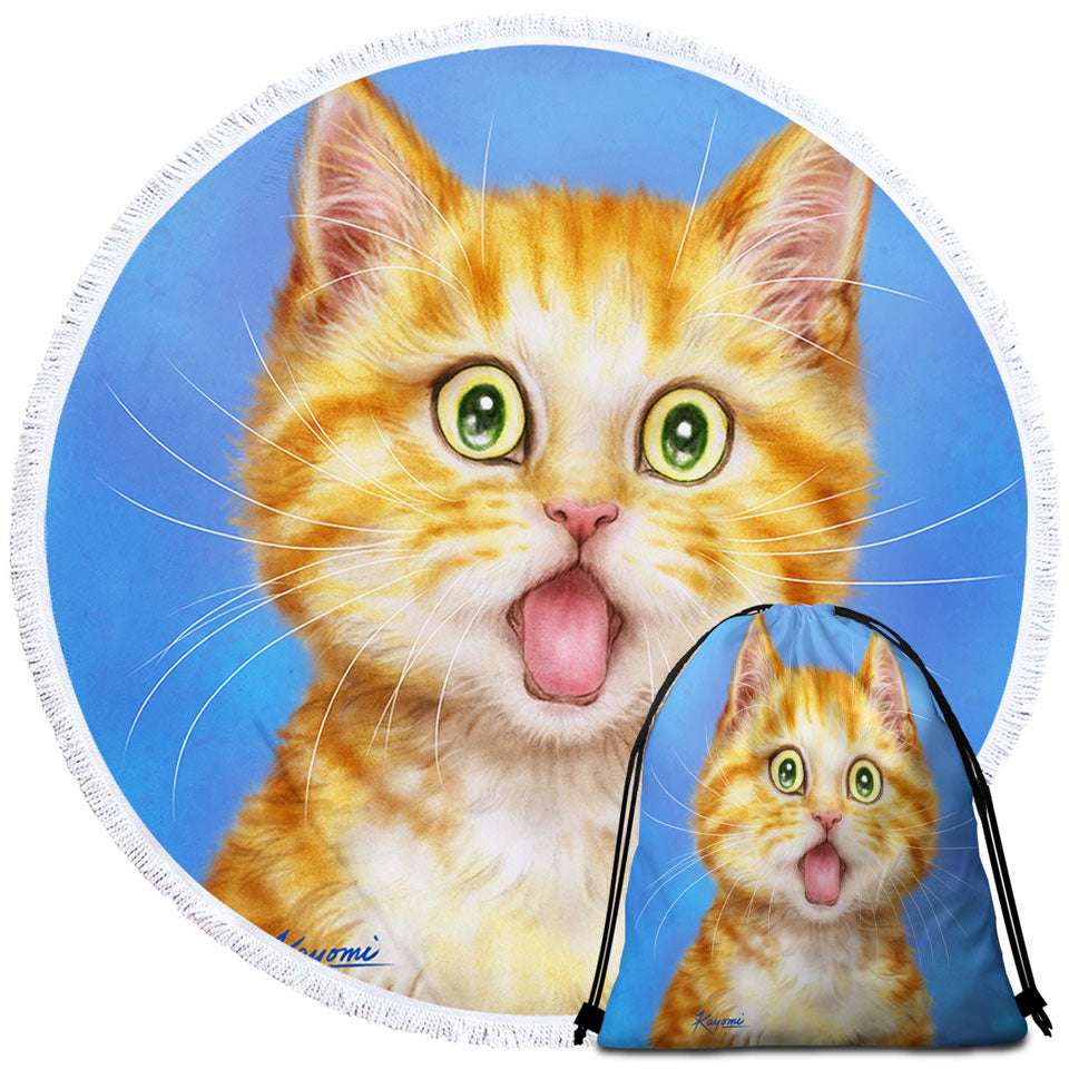 Funny Cat Round Beach Towel Ginger Kitten is in Shock