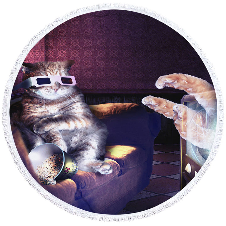 Funny Cat Round Beach Towel Watching a 3D Horror Movie Cool Art