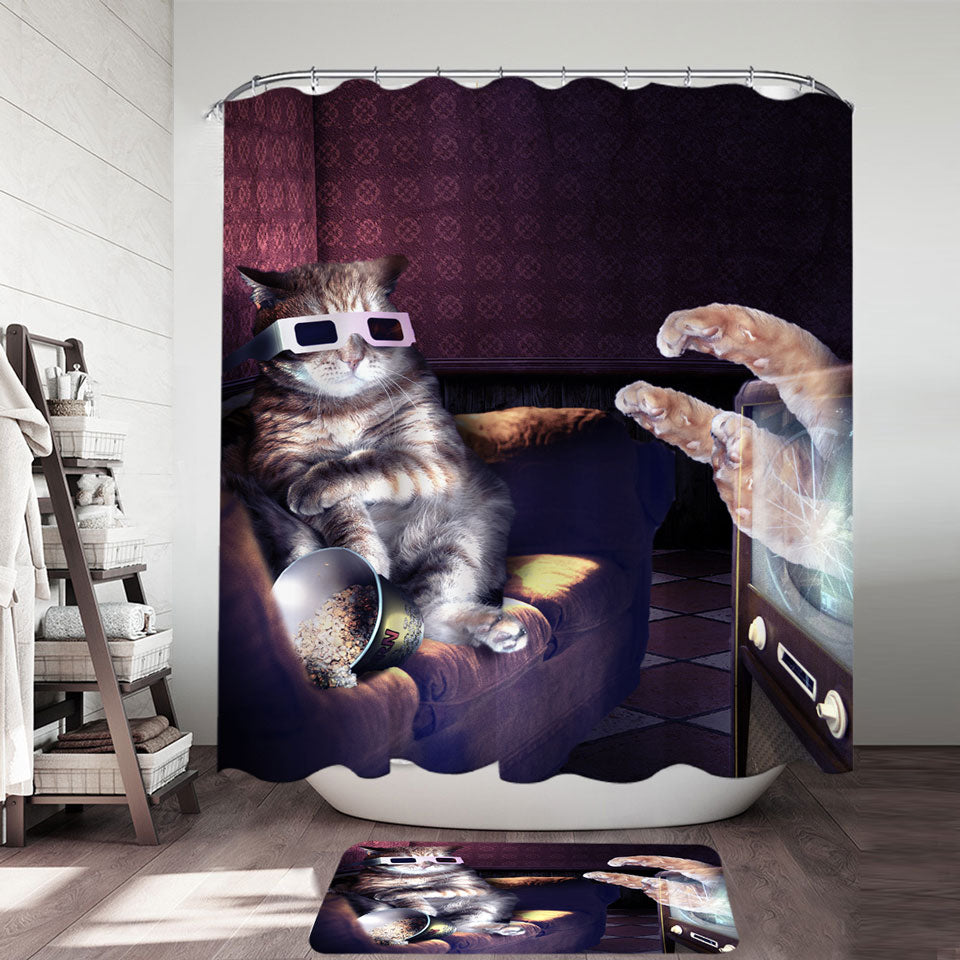 Funny Cat Shower Curtain Watching a 3D Horror Movie Cool Art