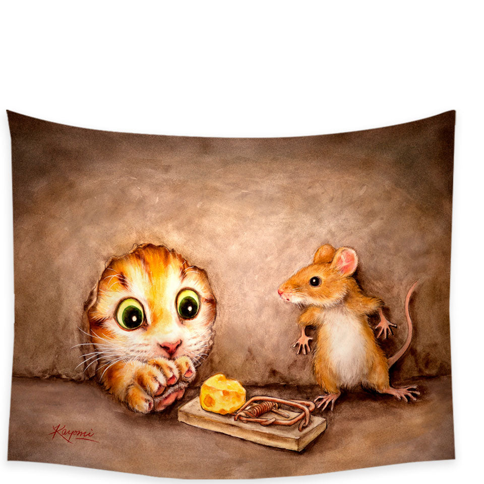 Funny Cats Art Paintings Cat vs Mouse Tapestry