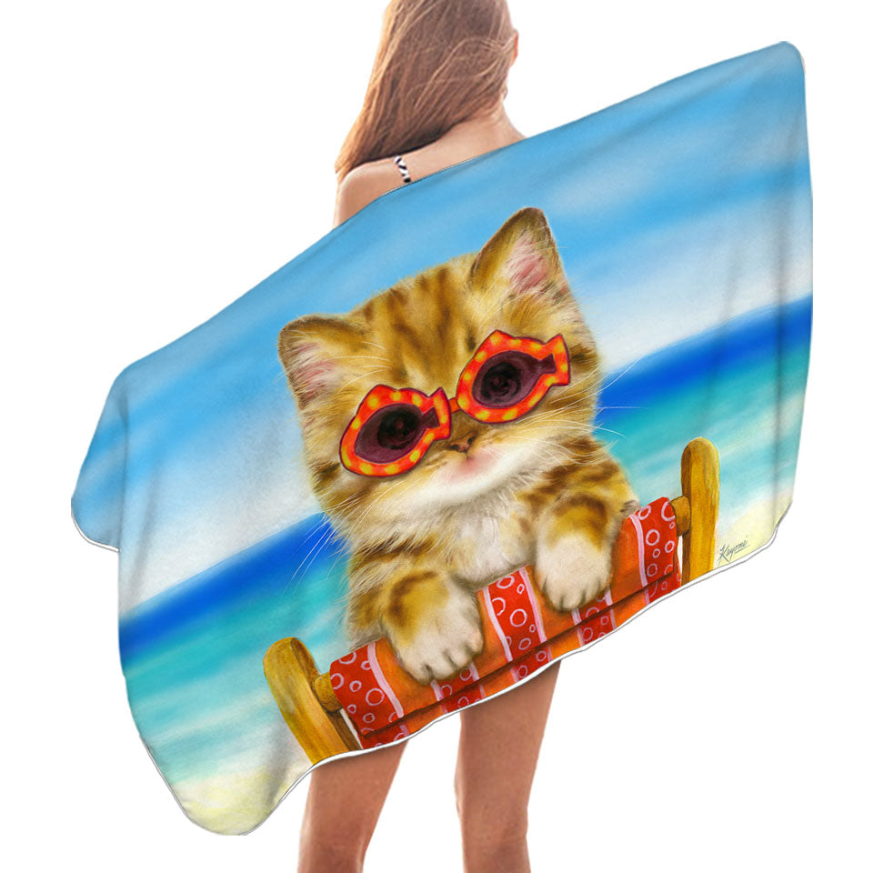 Funny Cats Beach Towels Ginger Tabby Kitten at the Beach