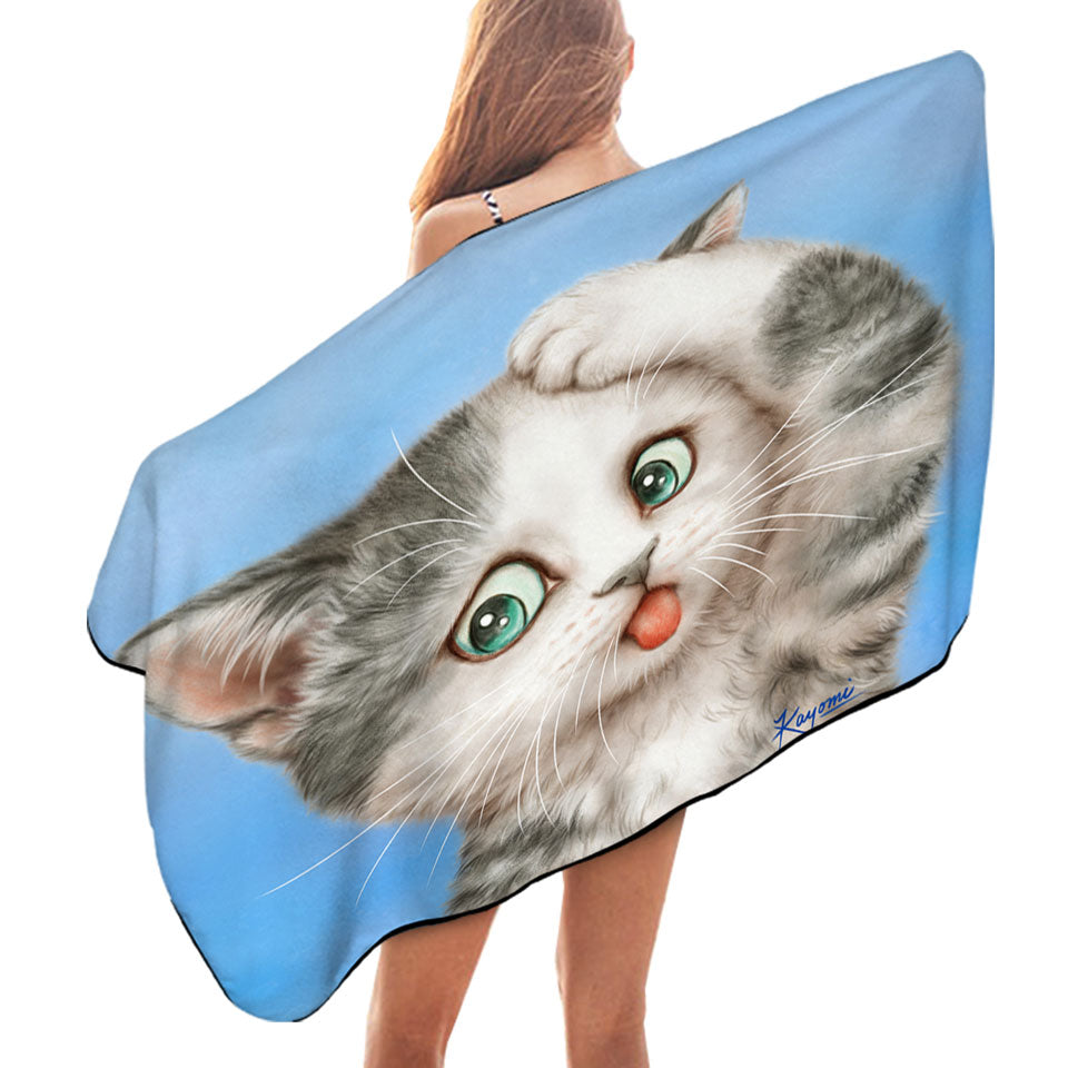 Funny Cats Beach Towels On Sale Display Art Frustrated Grey Kitty
