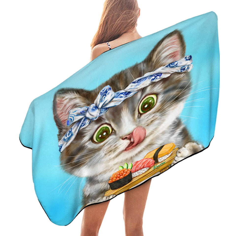 Funny Cats Beach Towels Paintings Sushi Lover Kitten