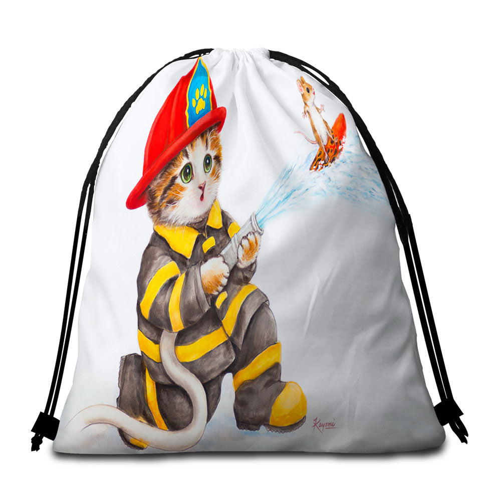 Funny Cats Cute Fire Fighter Beach Towel Bags for Kids